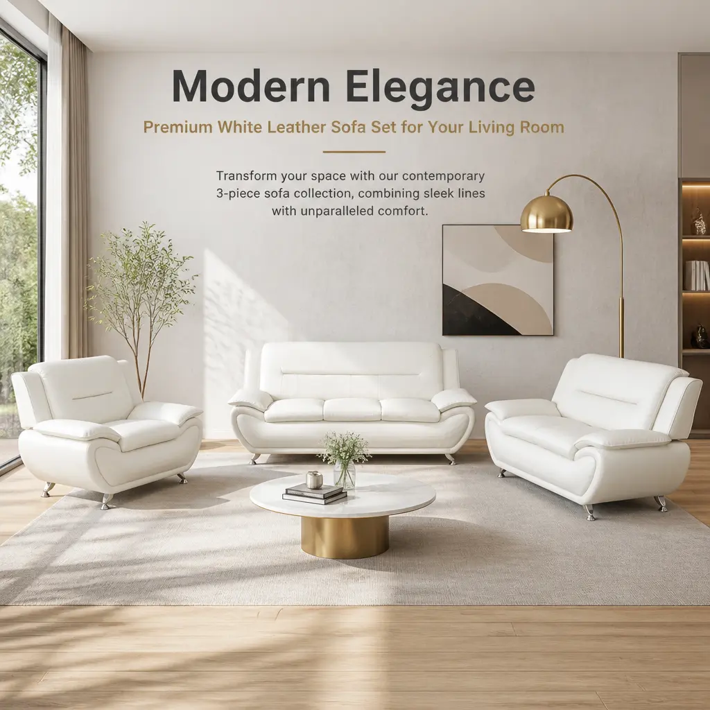 3-Piece White PU Leather Sofa Set, Indoor Living Room Furniture Couch,Cozy Sofa