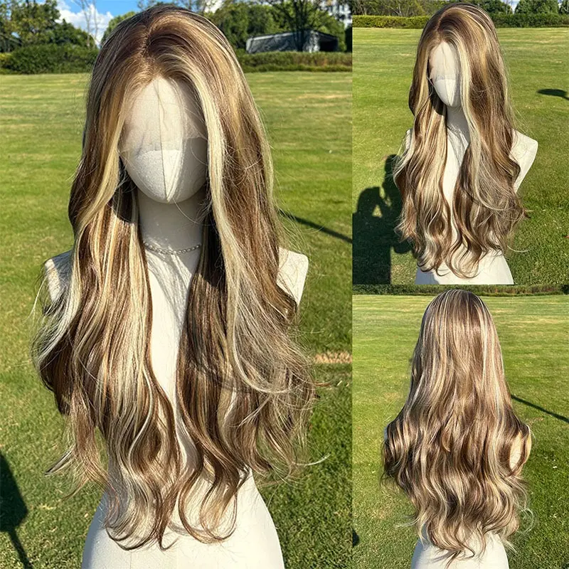SMILCO 26-inch Milk Tea Golden Brown Highlight Curly Long Synthetic Lace Front Wig, 13*4 Lace Front Part, High-Quality Fibers, Adjustable Strap, Mesh Cap (SM9205M), Lace Frontal Wig