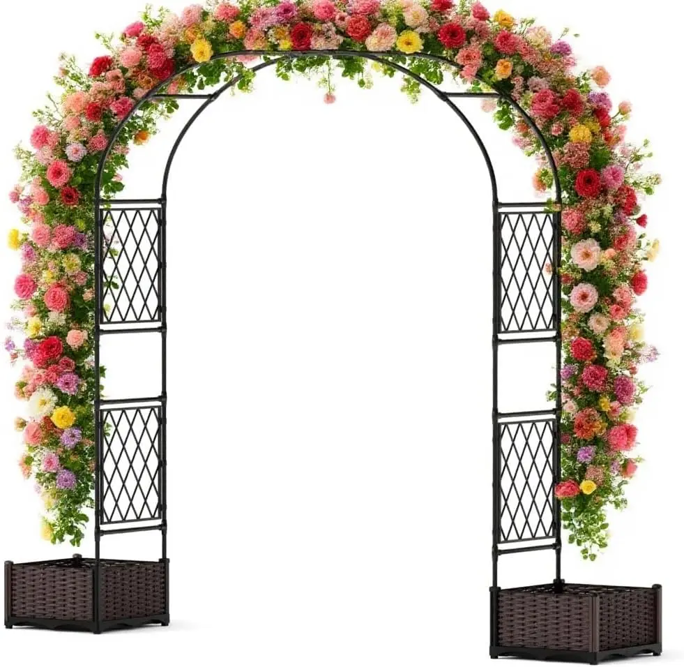 78" Garden Arbor with 2 Planter Boxes, Versatile Climbing Frame, Metal Garden Arch Trellis for Climbing Plants, Decorative Wedding Arch Frame, Weather-Resistant Trellis for Lawn Backyard