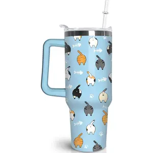 30 oz Cat Tumbler with Handle and Straw, Stainless Steel Vacuum Insulated Travel Mug, Cat Lover Gifts