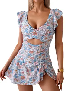 One Piece Swimdress Swimsuit for Women Tummy Control Ruffle Swim Dress Skirt V Neck Cutout Wrap Bathing Suit,Sexy Tight-Fitting Design,Women's Swimsuits, Swim Bodysuit