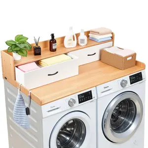 VEVOR Washer Dryer Countertop with Shelf, 54 x 27.5 in Wooden Washer and Dryer Topper with 2 Drawers & 2 Hooks, Laundry Machine Topper for Laundry Closet Pantry Counter Organization and Storage, Burlywood