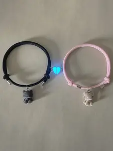 2 Pcs Glow-In-Dark Heart Cat Pendant Couple Bracelet, Fashionable Women's Valentine's Day Jewelry Gifts, Romantic Anniversary Handchain
