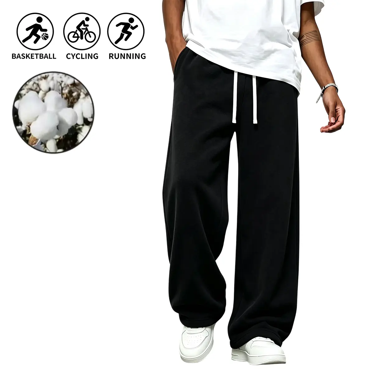 Men's Cotton Fabric Streetwear Outfits Joggers - Loose-Fit, Wide-Leg, Floor-Length, Elastic Drawcord Waistband, Side Pockets, Ideal for City Fashion, Concerts