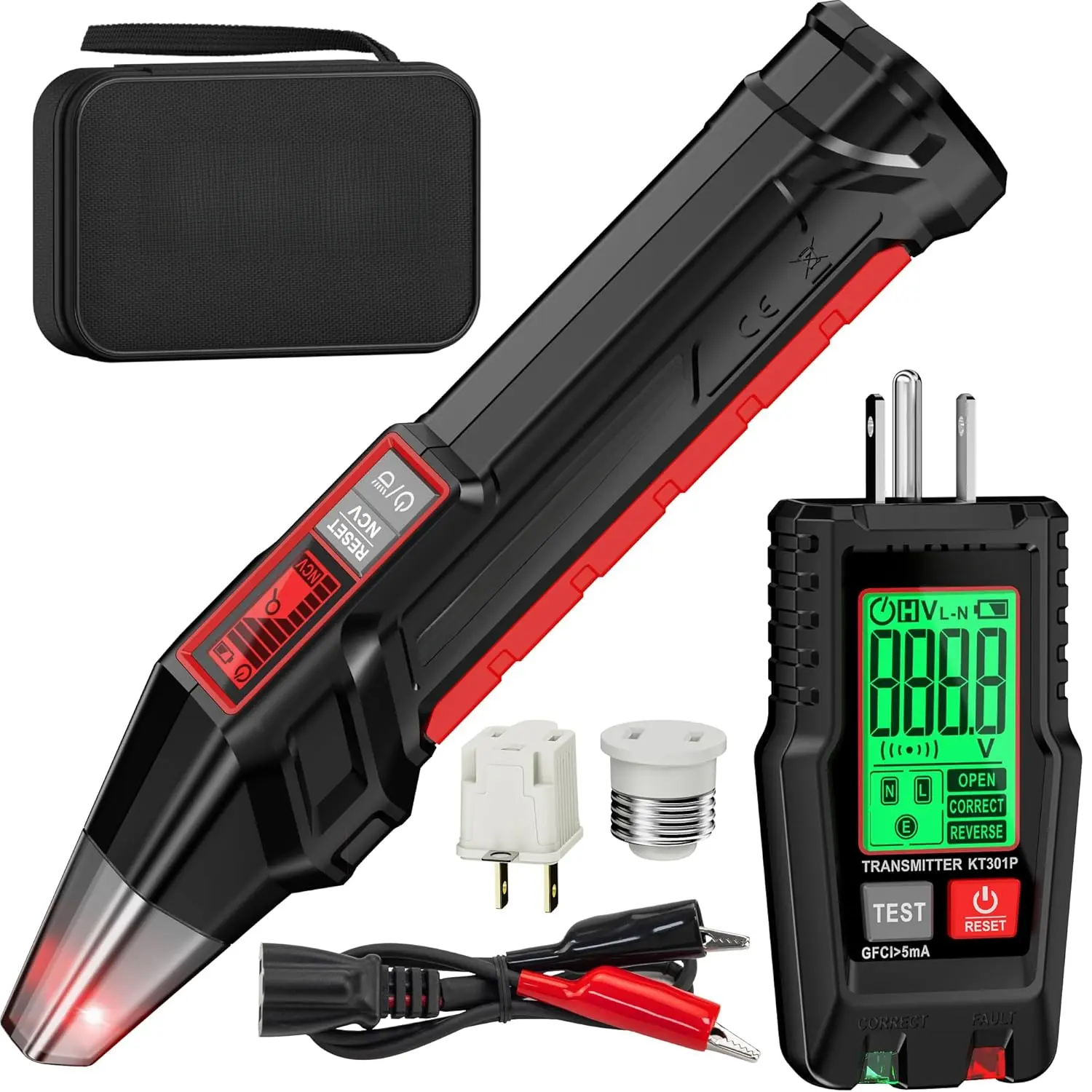 Circuit Breaker Finder with LCD Display, GFCI Outlet Tester, Electrical Circuit Tracer Tool with NCV Test & Flashlight, Includes Carrying Case and Adapters- KT301P