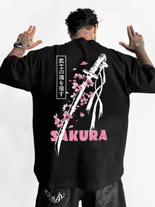 Men's Summer Casual Short Sleeve T-Shirt, Sakura Samurai Blade Design, Street Style, Fitted Kint Fabric, Moderate Thickness Casual Streetwear Tops