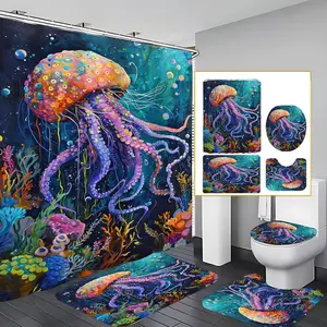 4 Pcs Colorful Jellyfish Bathroom Curtain Sets with 12 Hooks,Ocean Jellyfish Art Large Waterproof Thickened Mildew Proof Bathroom Partition Curtain,Bathroom Shower Curtain,Toilet Lid Cover,Non-Slip Bathroom Rugs and U Shape Bath Mat,Modern Decor