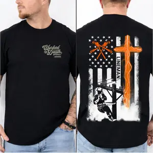 Patriotic Lineman T-Shirt, Sweatshirt, Hoodie Christian Cross & USA Flag Tee, Power Line Worker Shirt, Electrician Gift, Vintage Workwear, Gift For Men For Husband