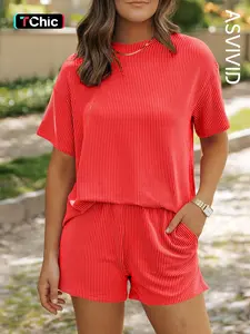 Women's Solid Twisted Ribbed Knit Textured Pocket Shorts Set, Casual Short Sleeve T-shirt & Elastic Waist Shorts, Ladies Summer Clothes for Daily Wear