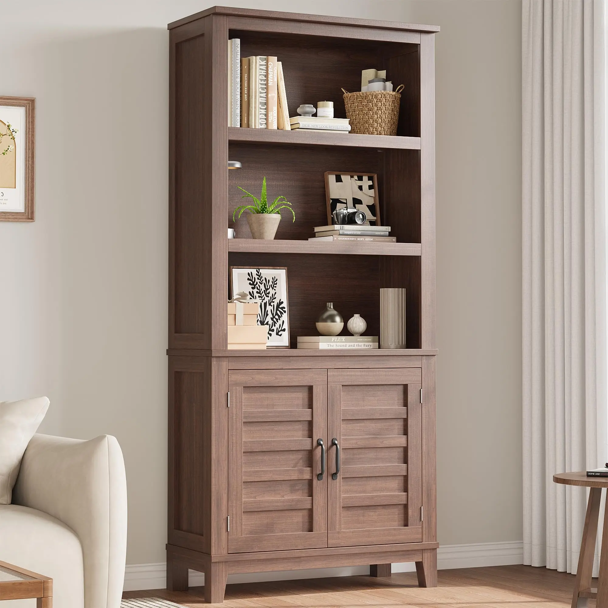Bookcase with Door 5 Tier Storage Bookshelf Wooden Farmhouse Bookshelves Rustic Vintage Etagere Walnut Cabinet for Home Office,Bed Room,Brown pantry  cabinet tier bookcase