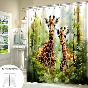 1PC Giraffe Animal Print Shower Curtain, Washable Polyester Bathroom Decor with Hooks, Woven All-Season Wildlife Themed Bath Divider, Modern Home Accessory for Bathtub Privacy - Safari Jungle Forest Design
