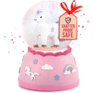 Miniature Shatterproof Unicorn Snow Globe - Handpainted Plastic Globe with Lights, Sparkling Glitter Ornament, Gift Idea for Birthday, Christmas, Very Small for Toddlers