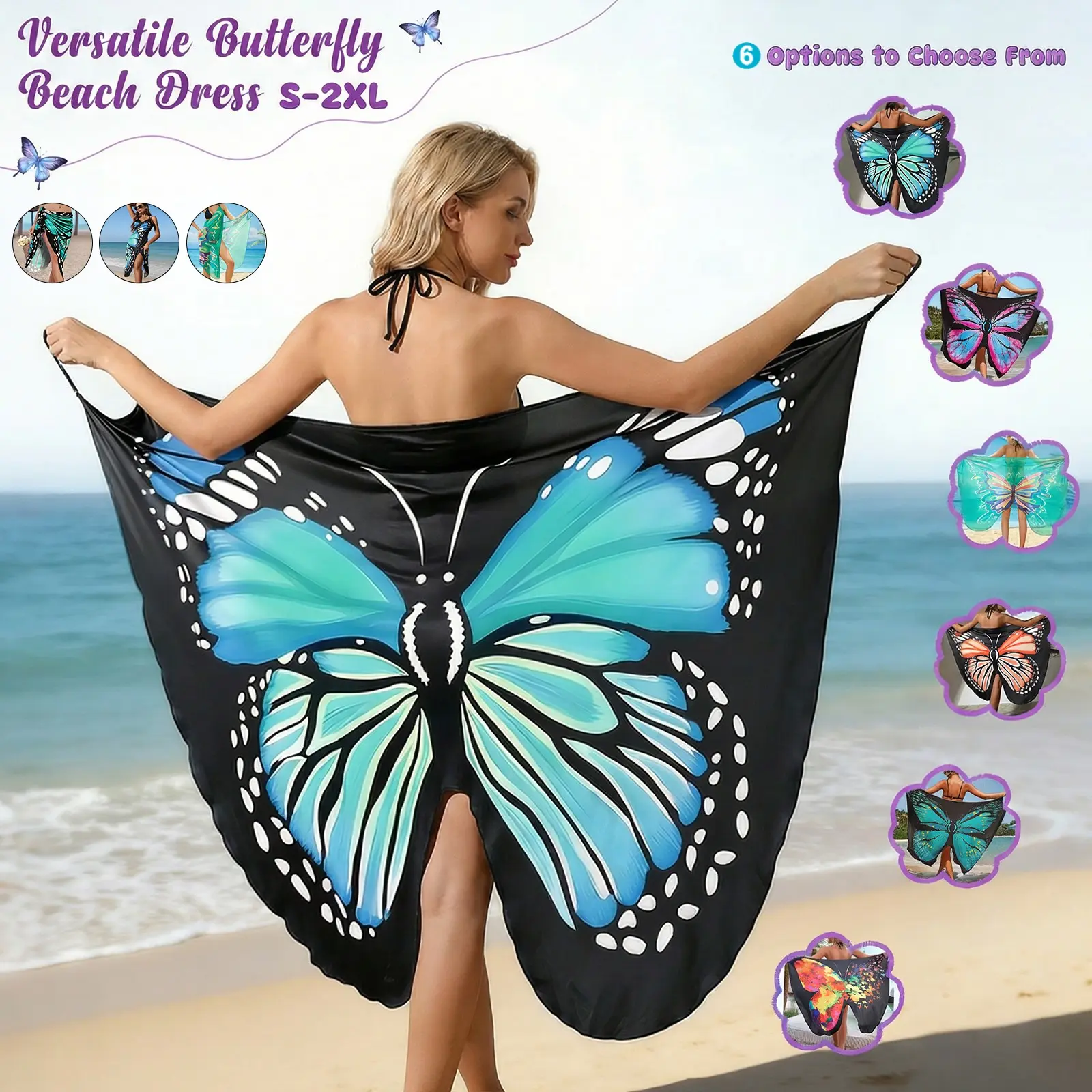 6 Colors Butterfly Beach Cover Up, Versatile Printed Sarong Wrap Skirt, Multi-Wear Swimsuit Cover Dress for Women, Swimsuit Cover Ups, Swimsuit Coverup, S-2xl Summer