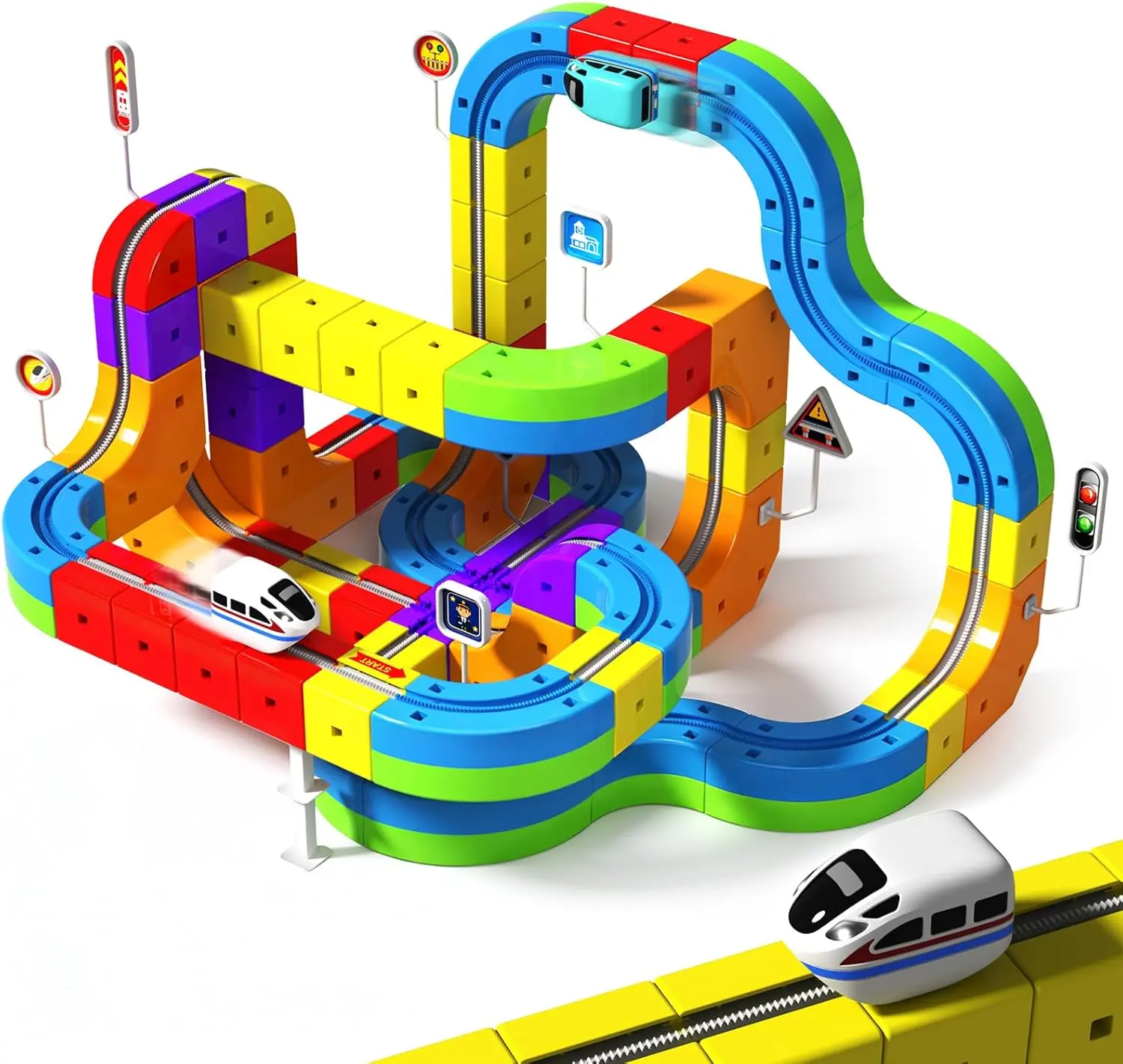 110-Piece STEM Electric Train Set for 3-4 Years Kids - 2-Train Racing, STEM Track Building, Snap-Together Track, 3D Racetrack, Flexible Layouts, Traffic Signs, Smooth Edges, Transportation Learning Toy, Educational Gift for Fine Motor & Logical Skills