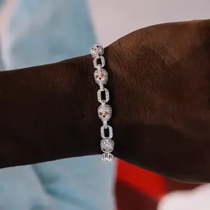 GLD Pave Skull Bracelet in 14k White Gold - Iced Out Skull Heads with Hand-Set Stones & Red Beaded Eyes - 8mm Width, 7", 8", & 9" Length Options Perfect Gift