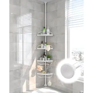 Corner Shower ,125 Inch Tall Adjustable Inside Shower Organizer Tension Pole 4-Tier Rustproof Bathroom Organizer Shelves for Bathtub Shampoo Conditioner Storage, Floor to Ceiling Standing