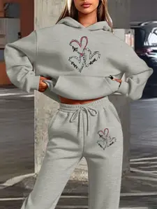 Women's Hooded Sweatshirt Set, Womenswear, Fitted, Heart & Letter Print, Casual Fall Winter, Sweet and Comfortable Style, Daily Wear