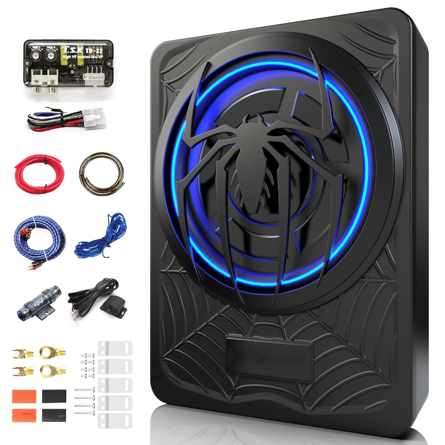 1200W Subwoofer, Slim Underseat Car Subwoofer and Amp Package with Ambient Light, Individual Control for Low Pass/Gain/Boost Bass, Loud Stereo Sound, Deep Bass Perfect for Truck/SUV/Jeep/MPV (Black)