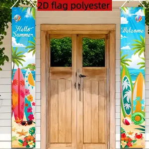 2D Flat 2Pcs Polyester Summer Beach Theme Porch Couplets, "Hello Summer" with Surfboard & Coconut Tree Design, Perfect for Indoor/Outdoor Tropical Party, Beach Themed Event, Birthday Gathering, Photography Backdrop, Window Display, Backyard Decor