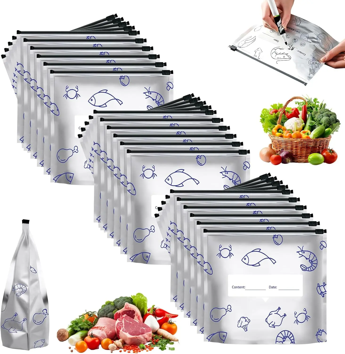 30Pcs Reusable Aluminum Foil Sealable Storage Bags, 2026 New Resealable Vacuum Zipper Pouches for Food, Stand Up Foil Sealable Bags with Label and Zip Lock for Vegetable