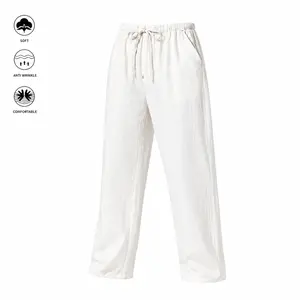 FlannelGo Men's Plain Loose-Fitting Linen-Cotton Beach Pants, Lightweight Elastic Waist Trousers for Casual Daily Wear, Yoga Lounge outdoorfun