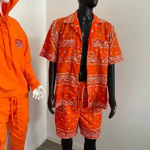 JD Fashion Men Custom Dark Orange Square Bandanna Short Sleeve Shirt & Short Set Polyester