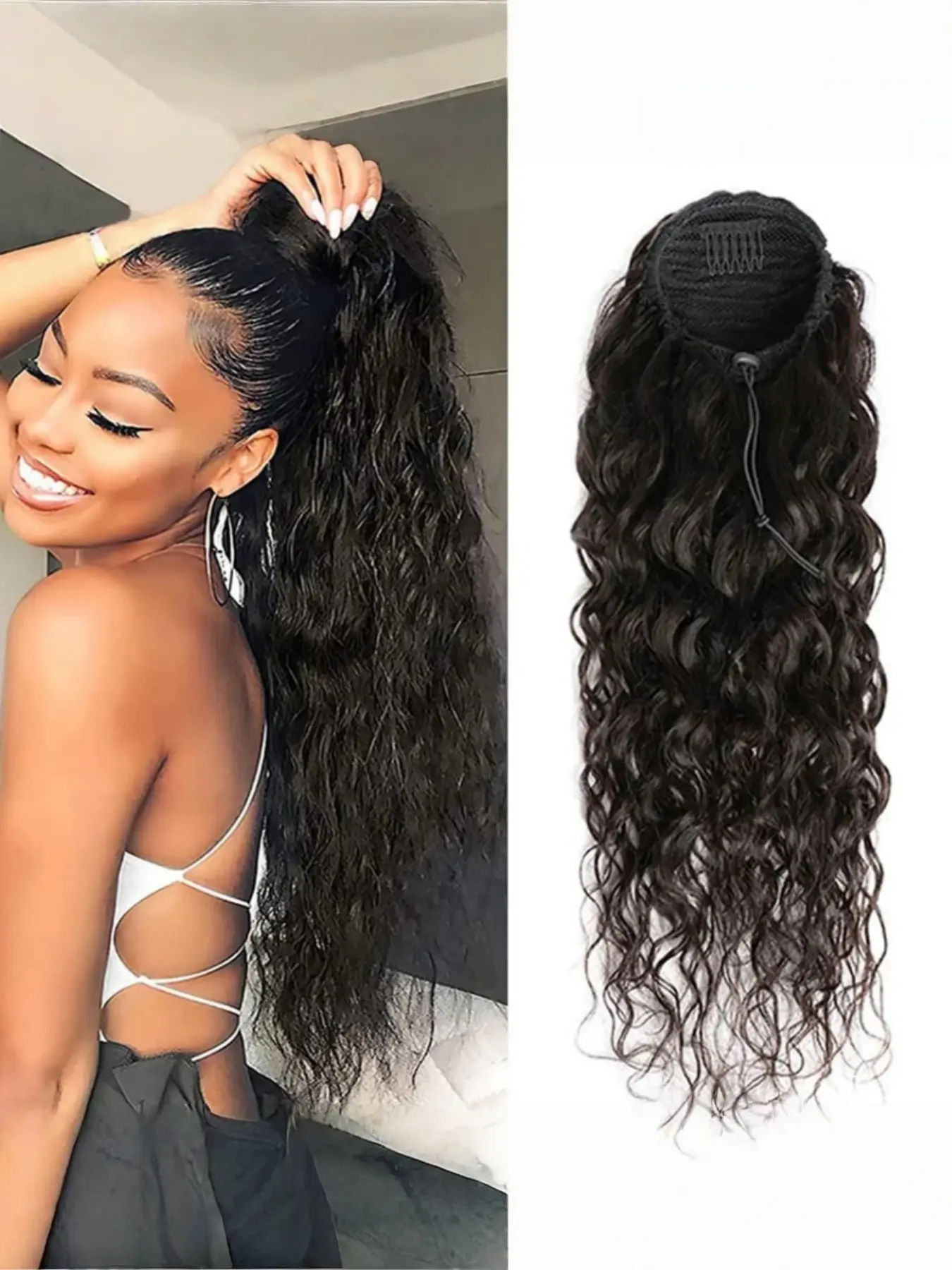 Premium Human Hair Clip-In Water Wave Ponytail Extensions, Real Hair Extensions, 100g Curly Clip-On Ponytail Hairpiece, Brazilian Hair for Women, Easy Wrap & Drawstring Design, Natural Wavy Hair, Curly Wavy Hairpieces