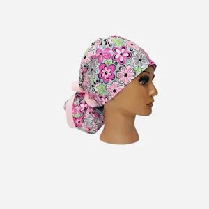 Surgical ponytail scrub cap floral print