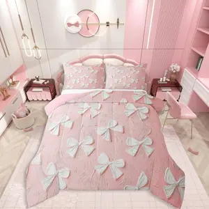 Bow Girls Bedding Set,Coquette Bowknot Comforter Set,Cute Bow Tie Comforter for Kids Teen Women,Kawaii Room Decor Soft Light Weight