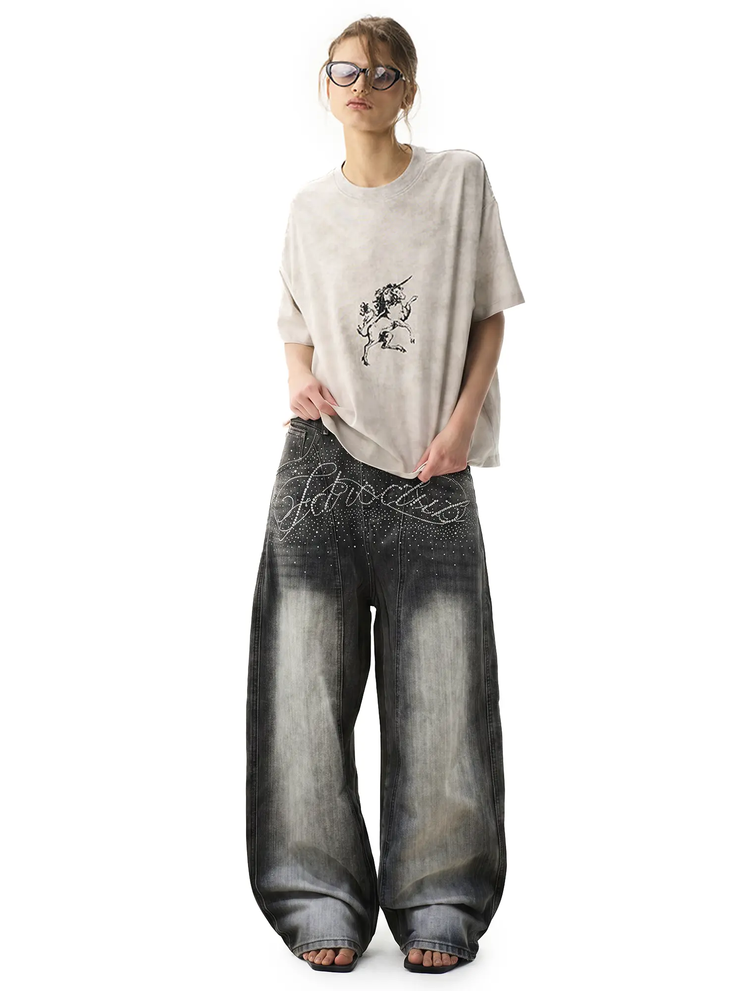 FDR Letter Rhinestone Wide Leg Jeans for Women & Men Oversized Baggy Denim Pant  Mid-low Rise Stretchy Wide Leg Bottom Vintage Shiny Daily Outfit, Baggy Jeans, Graphic, Top, Menswear, Basic, Streetwear, Vintage Shine, Stretchy Denim, Cotton Blend, Wide-Le