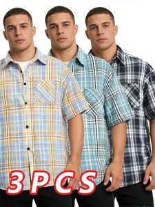 Set of 3 men’s short-sleeve button shirts featuring a classic plaid pattern made from soft cotton—easy, casual summer shirts that create an everyday look.
