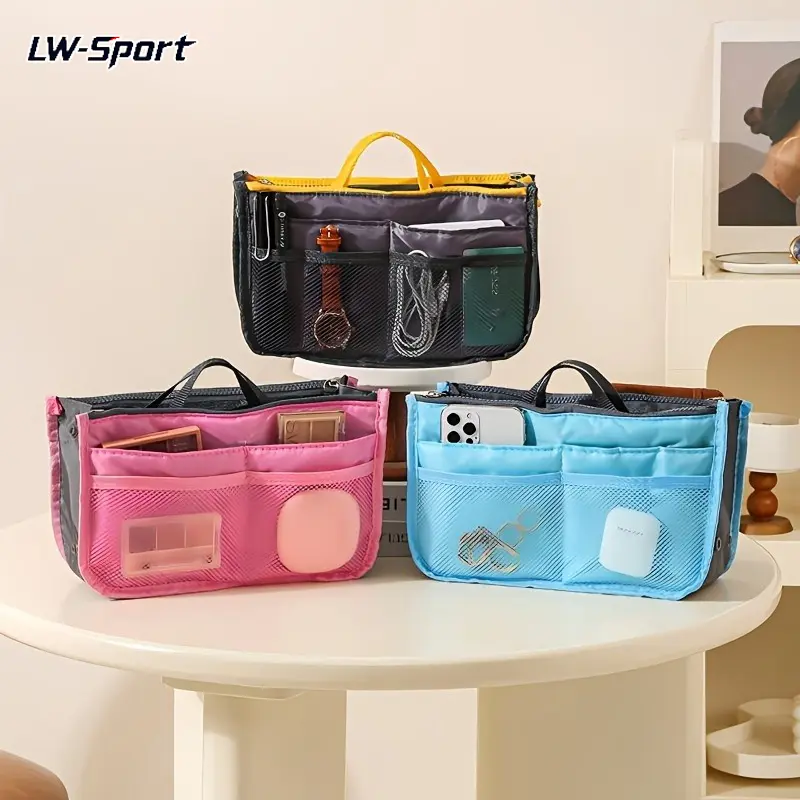 Purse Organizer Insert with Top Handle, Multi Pocket Mesh Tote Bag Organizer with Zipper, Lightweight Oxford Cloth Handbag Insert Liner for Cosmetics Phone Travel Work Daily Use