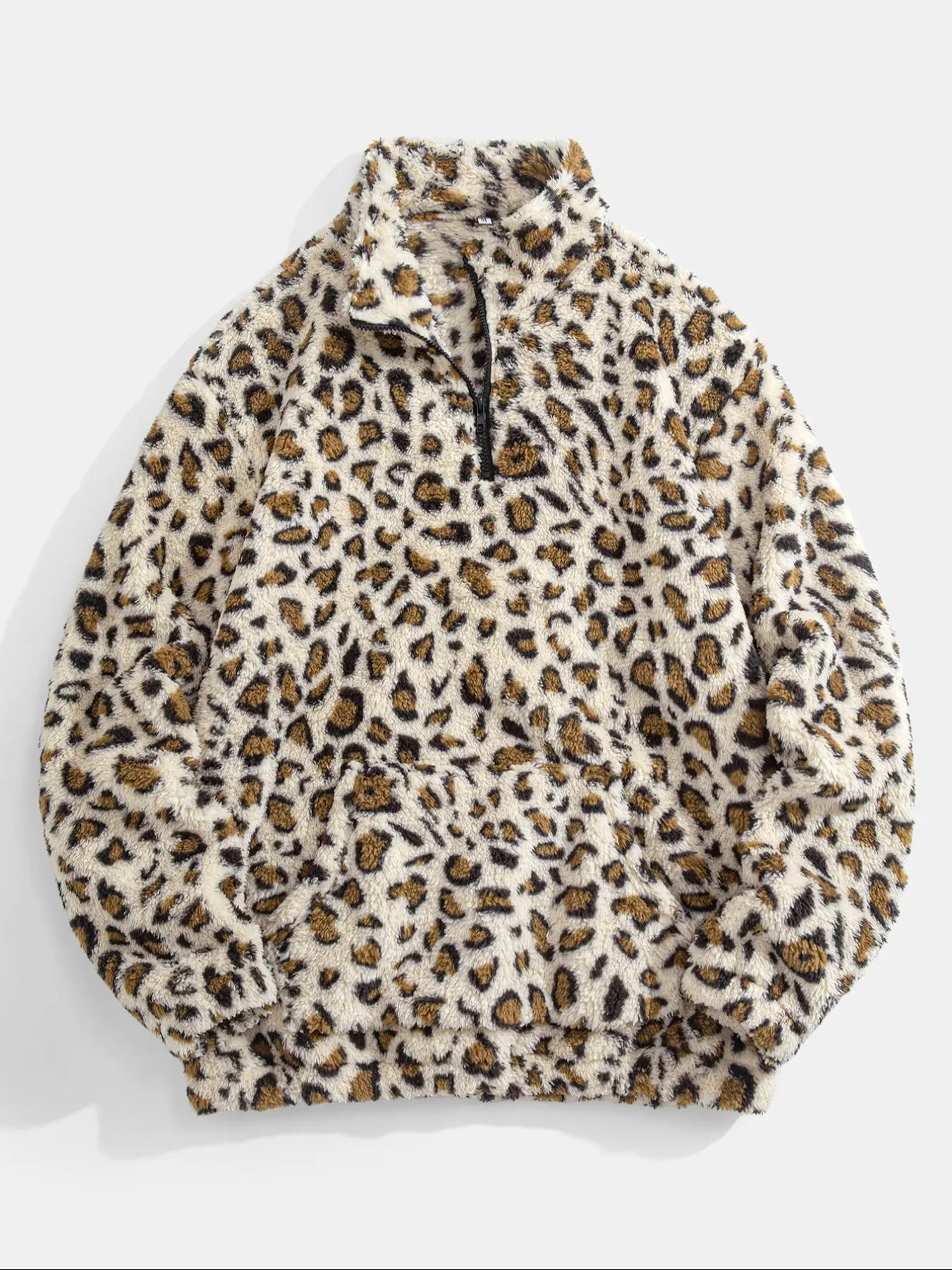 Men's Leopard Print Pocket Half Zip Plush Sweatshirt, Loose Casual Long Sleeve Drop Shoulder Fuzzy Pullover for Winter, Fashion Men's Clothes for Daily Wear, Casual Sweatshirts