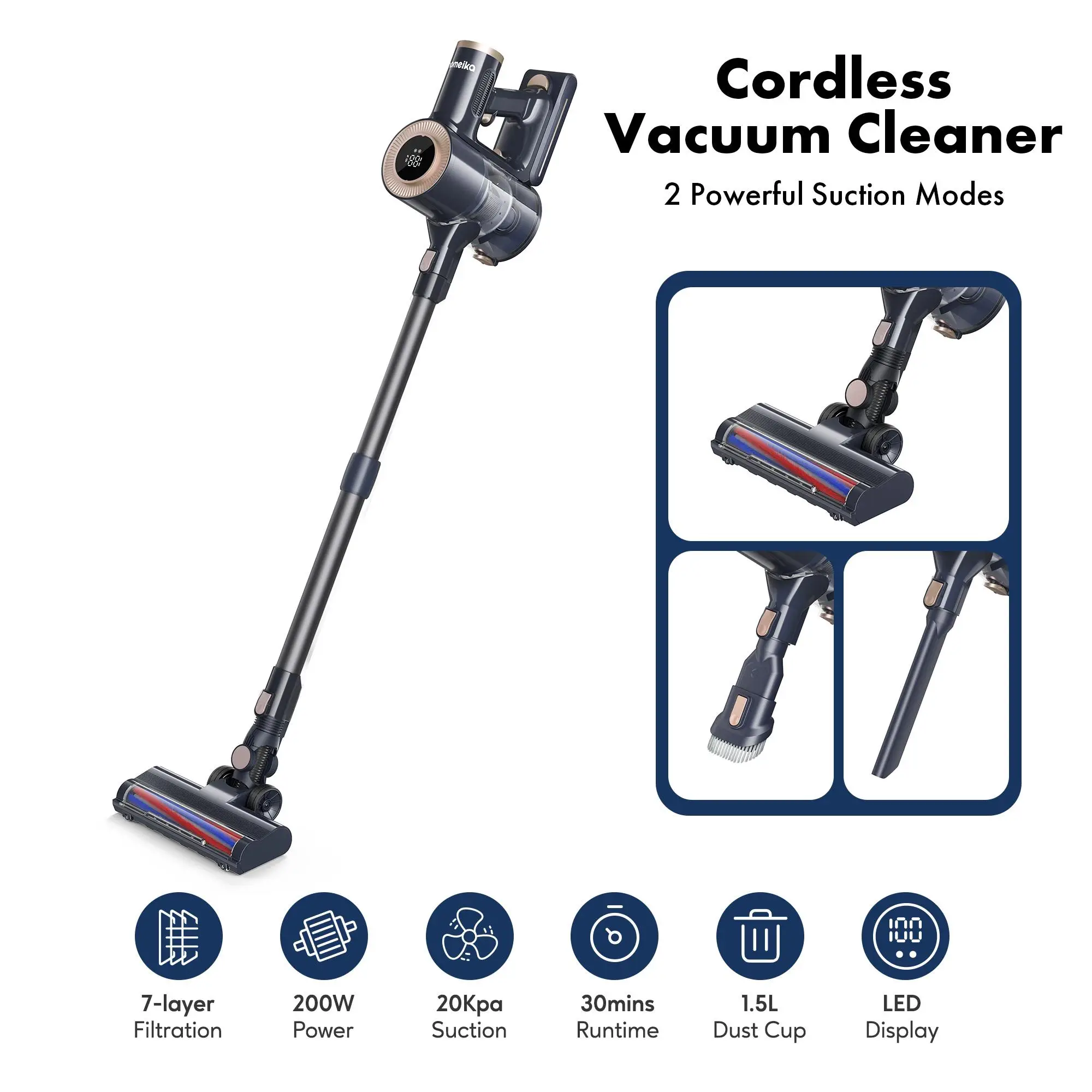 Homeika Cordless Vacuum Cleaner, 20Kpa Powerful Suction Vacuum with LED Display, 8 in 1 Lightweight Stick Vacuum Cleaner with 30 Min Runtime Detachabl