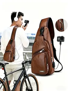 Men's USB Charging Sling Crossbody Bag, Brown Leather Chest Pack with Earphone Hole, Multi-Pocket Portable Shoulder Bag for Cycling, Sports Events & Live Concerts