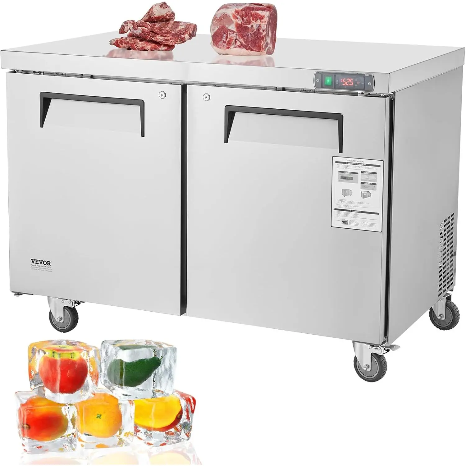 VEVOR 48" W Commercial Stainless Steel Worktop Freezer, 12.9 Cu.Ft Adjustable Undercounter Freezer with Casters, <0~-8℉> Defrost Prep Table with 2 Cabinet Doors, Food Prep Station for Restaurants, Bakeries, Food Trucks