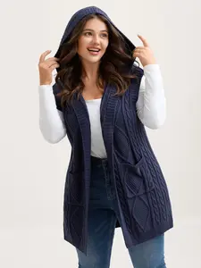 BloomChic Women's Indigo Fitted Sleeveless Hooded Knitting Cardigan, Loose Open-Front Winter Casual Top with Patch Pocket, Minimalist Knitwear