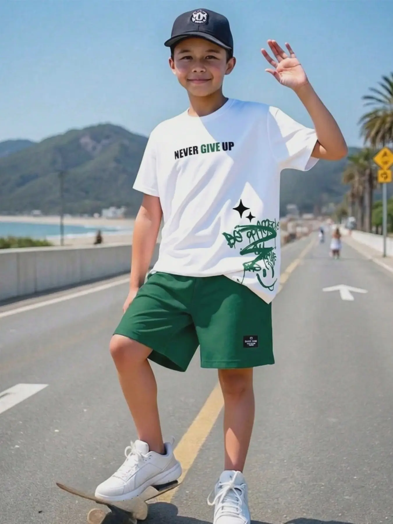 Boys' Casual Letter Print Short Sleeve T-Shirt & Shorts Set, Slim-Fitting, All over Print, Home & Outdoor Wear, Kids Fashion, Summer Clothing Set, Clothes Kids