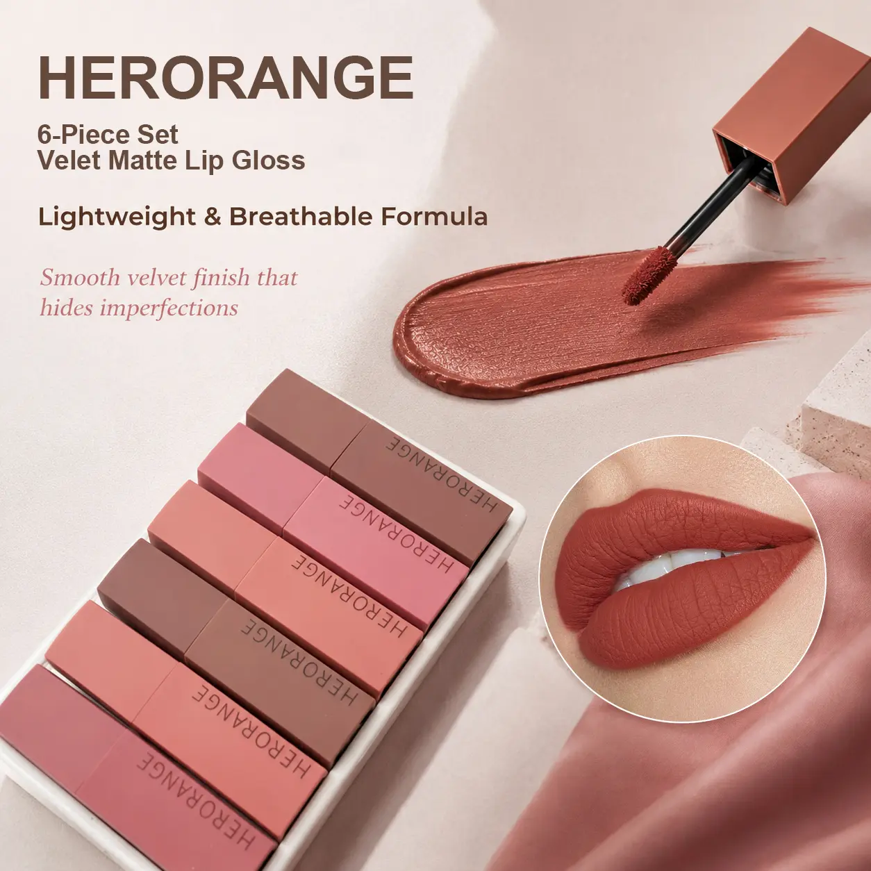 HERORANGE Matte Lip Mousse Set 6-piece set, velvet texture, long-lasting waterproof lip makeup, high color rendering and non fading lipstick, comfortable and lightweight formula, suitable for daily leisure and work fashionable cosmetics lip gloss ！！