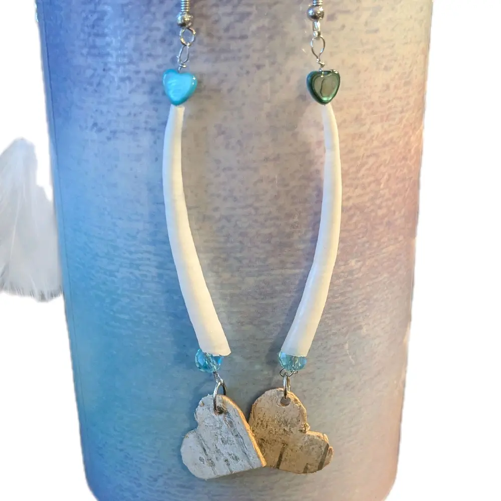 Native American Birch Bark Love Earrings With Dentalium Shells & Teal Beads