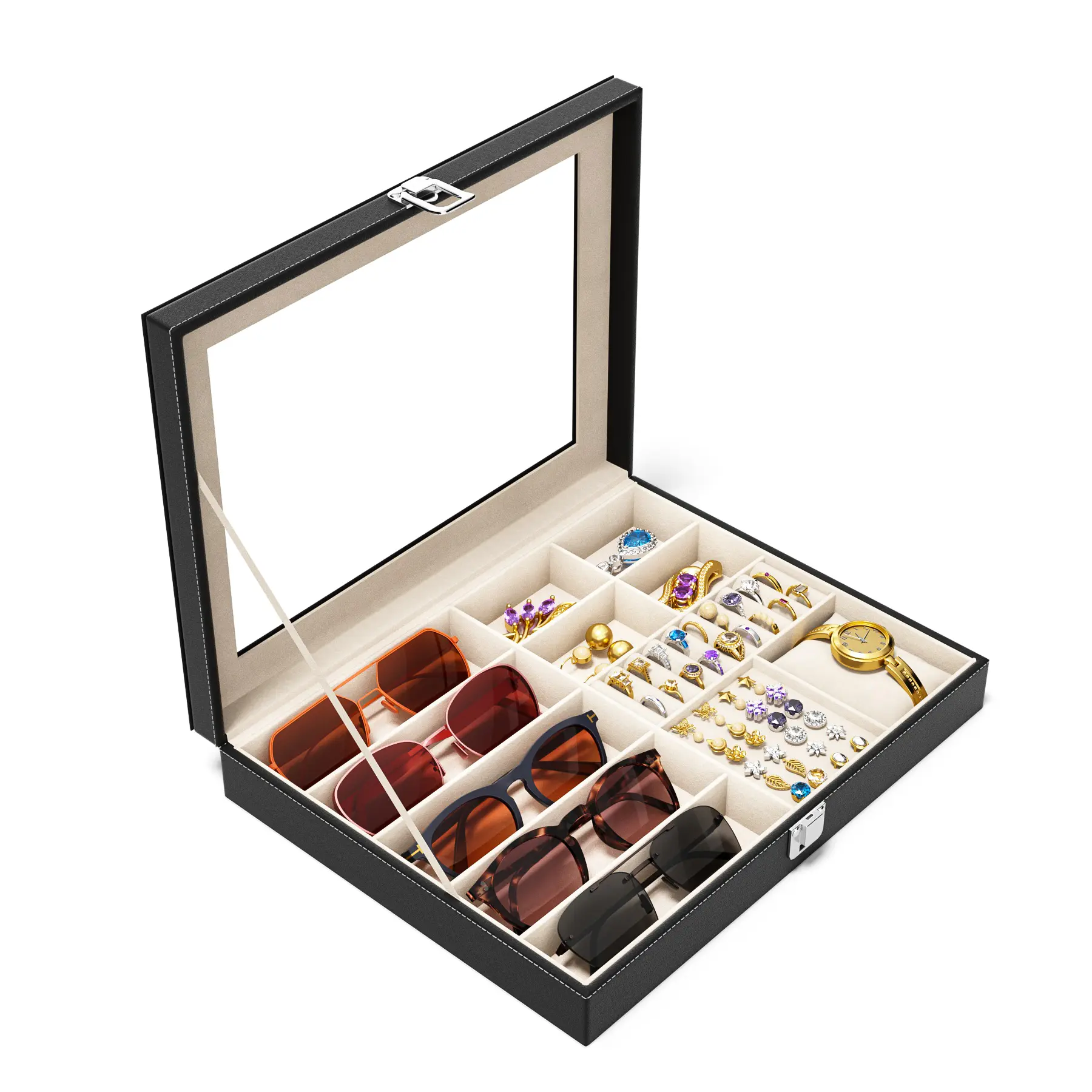 Women's 1-in-1 Waterproof Vintage Rectangle Compact Jewelry & Sunglass Organizer, See-Through Home Storage Box with Multiple Eyeglass, Leather Watch, Earring & Ring Compartments, Black & White Protective Gift Idea Case