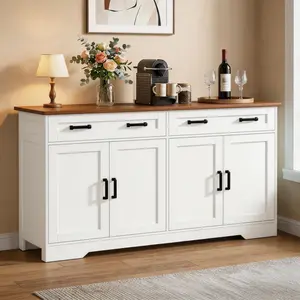Fabiula Modern Accent Farmhouse Cupboard - Freestanding Multifunctional Storage Cabinet with 4 Barn Doors, Wood Coffee Bar for Kitchen, Living Room Indoor Furniture, Freestanding Cabinet