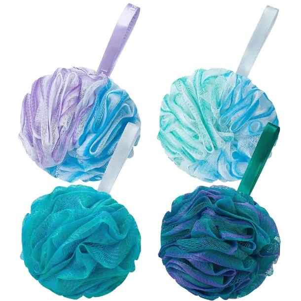 4-Piece PE Material Loofah Bath Sponge Accessories, 75g Each, Gentle Scrub Full Body Exfoliating Scrubber - Large Flower Color (Green-Purple)
