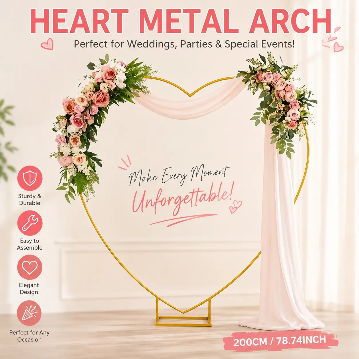 Metallic Gold Heart-Shaped Metal Arch Stand, 78.7x78.7in Wedding Arbor Backdrop Frame, Balloon Decor for Weddings, Party Decoration Supplies, Metal Arch Display Festive Backdrops & Banners