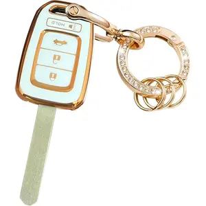 New Upgrade for Honda Key Fob Cover Gold Keychain TPU Key Fob Shell Fit for Honda Accord Civic CR-V HR-V (White-Gold)