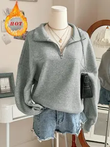 Women's Half-Zip Hoodie, Fitted Sweatshirts, Stand Collar, Campus Style, Simple and Minimalist, Youthful, Holiday Casual Fashion, Trendy Sports Wear