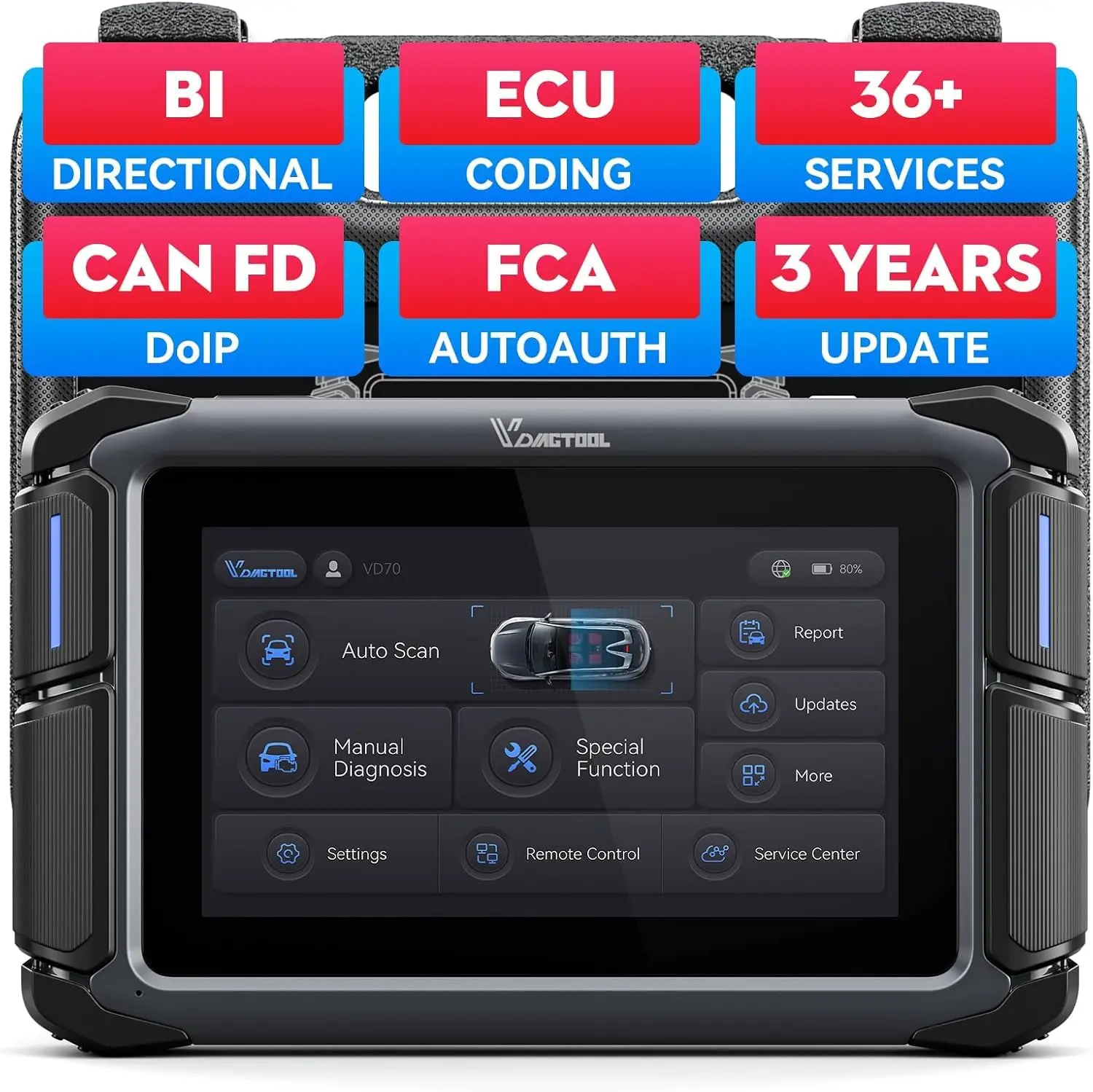VDIAGTOOL VD70 Bidirectional Android OS OBD2 Scan Tool - Vehicle Code Reader with 3-Year Updates, ECU Coding, 36+ Resets, OE Full System Scan, CAN FD & DOIP, Key Programming, Crankshaft Relearn, Wi-Fi, Car Battery Hardware Support, Father's Day Gift