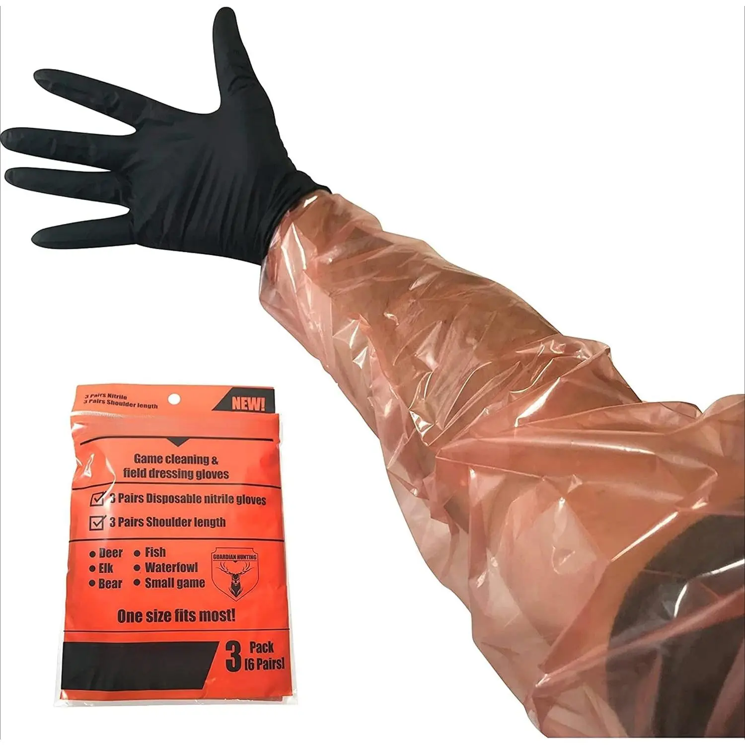 Deer Gutting Gloves Field Dressing Gloves with Long and Short Gut Glove Combo Pack (Black/Orange, 3 Pack (6 Pairs))