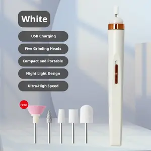 6-piece portable electric nail file and buffer set, featuring 5 interchangeable grinding heads, USB charging design, 4 adjustable speed settings, LED lighting, suitable as a complete nail shaping and filing tool for home and nail salons