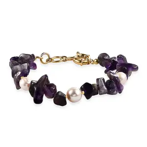 Amethyst Chips 80.00 ctw and Freshwater Pearl Bracelet in 18K Yellow Gold Plated 7.25 In Christmas Gifts